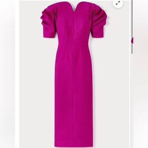 Fuschia sweetheart neckline long crepe dress with puff sleeves Destree